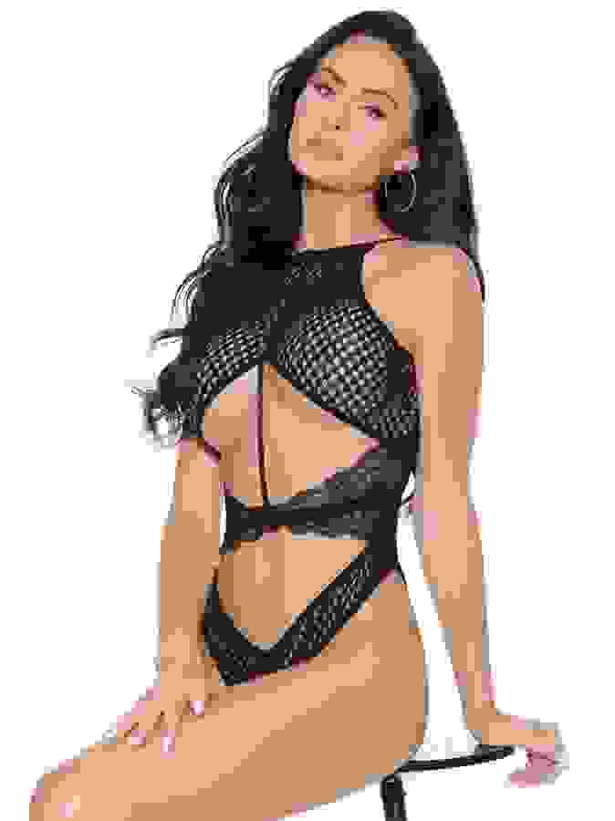 Escante Black Lace & Fishnet Style Crotchless Body, Black, hi-res
